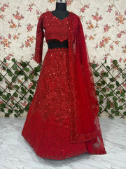 Embellished Heavy Work Red Color Reception Wear Lehenga Set