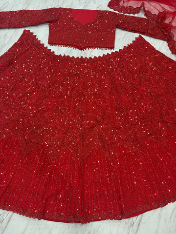 Embellished Heavy Work Red Color Reception Wear Lehenga Set