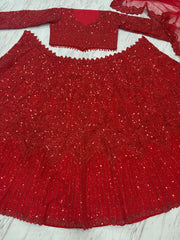 Embellished Heavy Work Red Color Reception Wear Lehenga Set