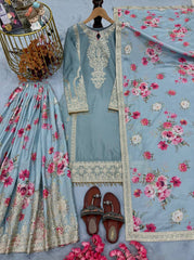 Embroidered Sky Blue Color Peaceful Palazzo Suit