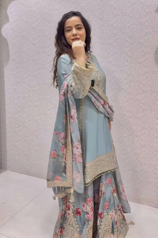 Embroidered Sky Blue Color Peaceful Palazzo Suit