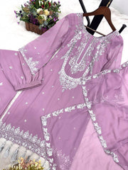 Thread With Sequence Work Lavender Color Palazzo Suit
