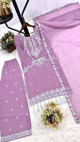 Thread With Sequence Work Lavender Color Palazzo Suit