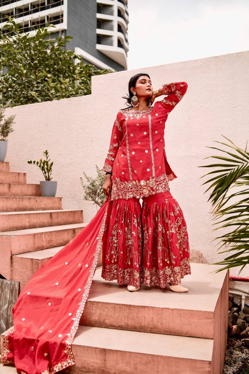Luxuriant Red Color Sequence Work Sharara Suit