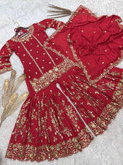 Luxuriant Red Color Sequence Work Sharara Suit