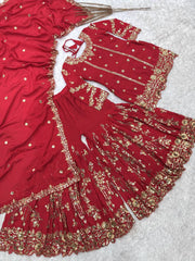 Luxuriant Red Color Sequence Work Sharara Suit