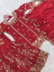 Luxuriant Red Color Sequence Work Sharara Suit