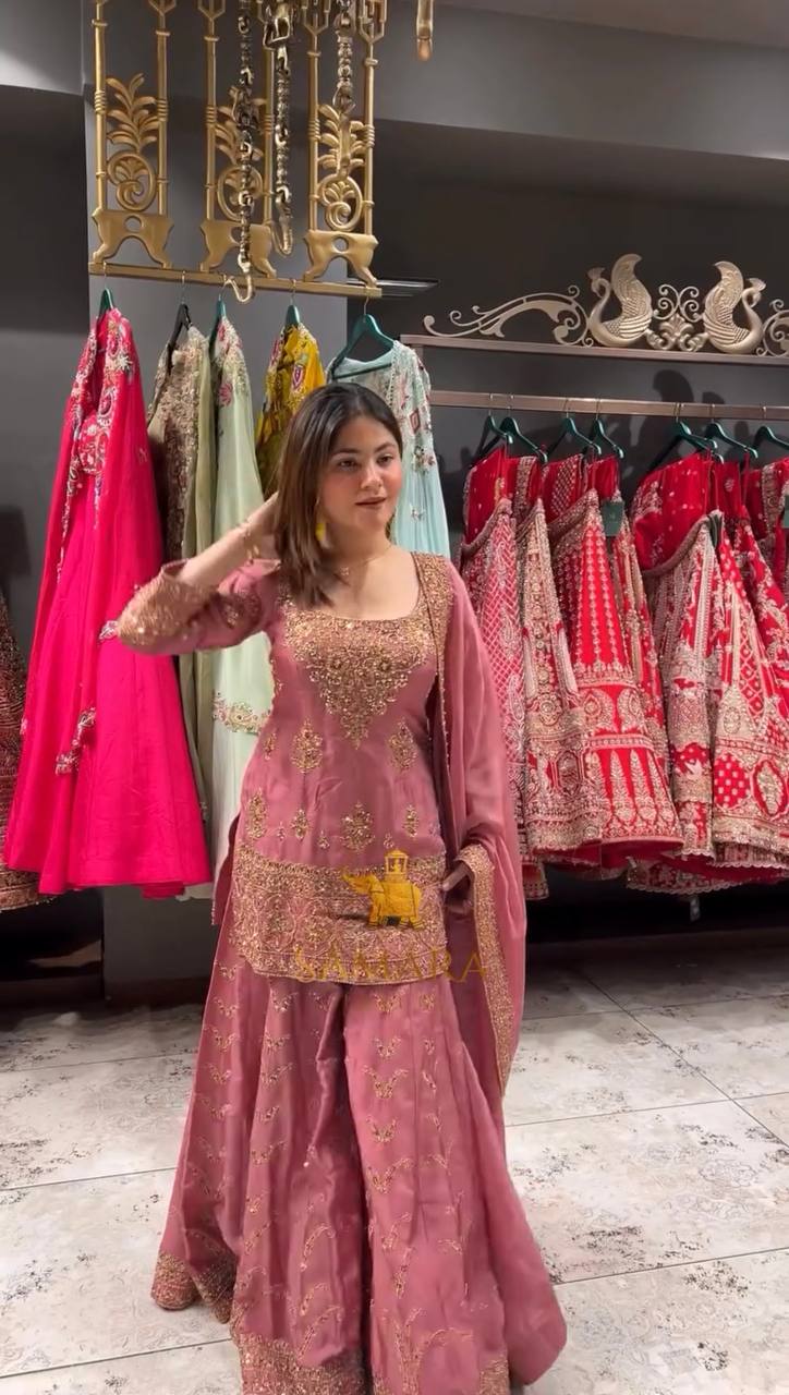 Festive Wear Pink Color Sequence Work Palazzo Suit