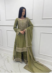 Mehndi Color Thread With Sequence Work Sharara Suit