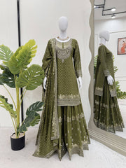 Mehndi Color Thread With Sequence Work Sharara Suit