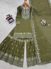 Mehndi Color Thread With Sequence Work Sharara Suit