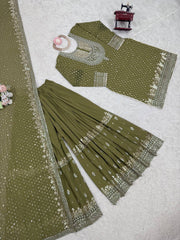 Mehndi Color Thread With Sequence Work Sharara Suit