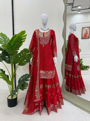 Red Color Thread With Sequence Work Sharara Suit