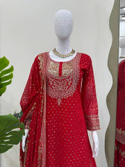 Red Color Thread With Sequence Work Sharara Suit