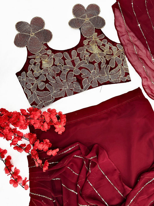 Maroon Color attached Pallu Lehenga Saree With Work Blouse