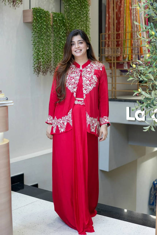 Gorgeous Red Color Fully Stitched Work Dhoti Suit With Koti