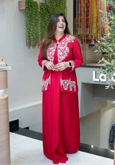 Gorgeous Red Color Fully Stitched Work Dhoti Suit With Koti