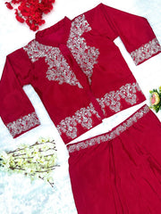 Gorgeous Red Color Fully Stitched Work Dhoti Suit With Koti