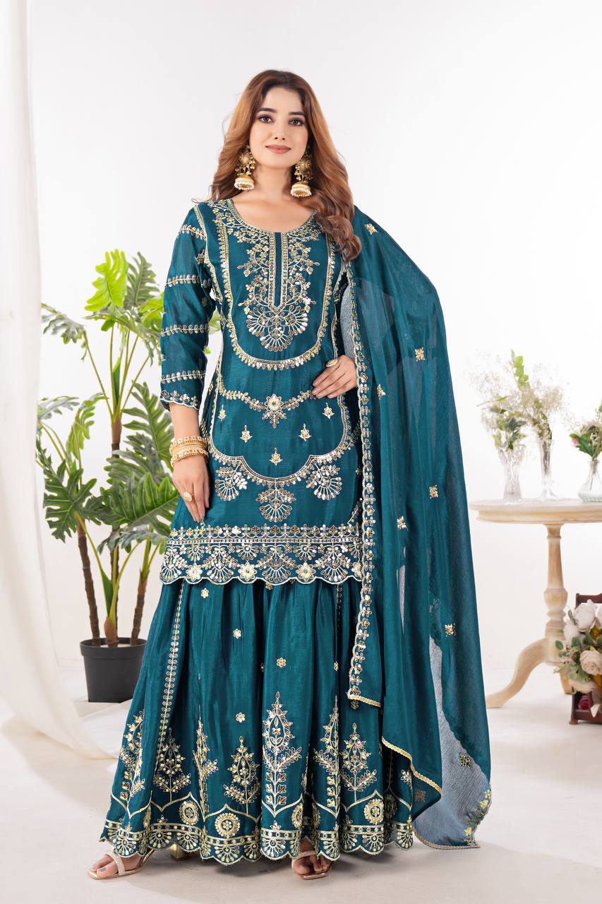Heavy Embroidery Sequence Work Teal Green Sharara Suit