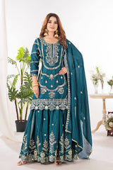 Heavy Embroidery Sequence Work Teal Green Sharara Suit