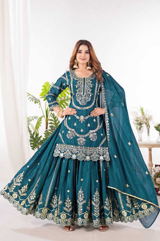 Heavy Embroidery Sequence Work Teal Green Sharara Suit