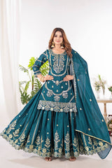 Heavy Embroidery Sequence Work Teal Green Sharara Suit