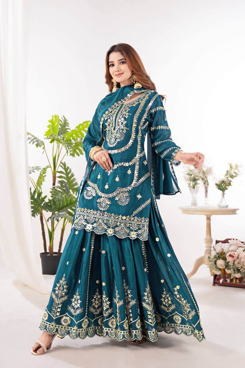 Heavy Embroidery Sequence Work Teal Green Sharara Suit RangVastra.com Heavy Embroidery Sequence Work Teal Green Sharara Suit RangVastra.com
