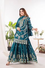 Heavy Embroidery Sequence Work Teal Green Sharara Suit