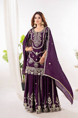 Heavy Embroidery Sequence Work Wine Sharara Suit