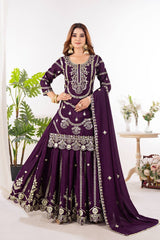 Heavy Embroidery Sequence Work Wine Sharara Suit