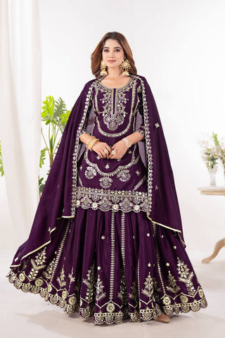 Heavy Embroidery Sequence Work Wine Sharara Suit