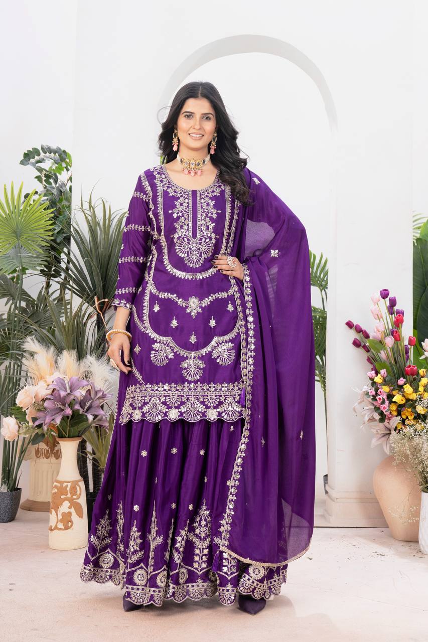 Heavy Embroidery Sequence Work Purple Sharara Suit