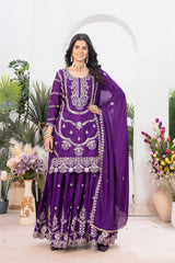 Heavy Embroidery Sequence Work Purple Sharara Suit