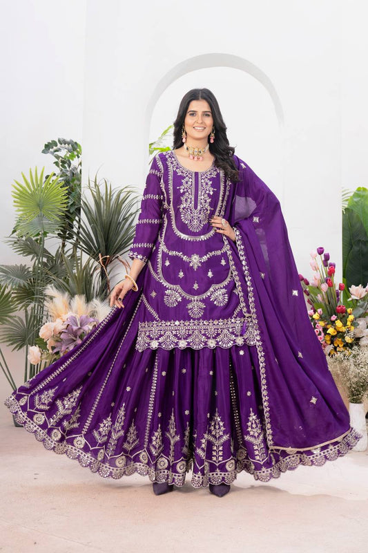 Heavy Embroidery Sequence Work Purple Sharara Suit