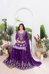 Heavy Embroidery Sequence Work Purple Sharara Suit