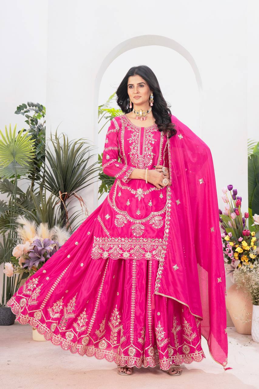 Heavy Embroidery Sequence Work Pink Sharara Suit