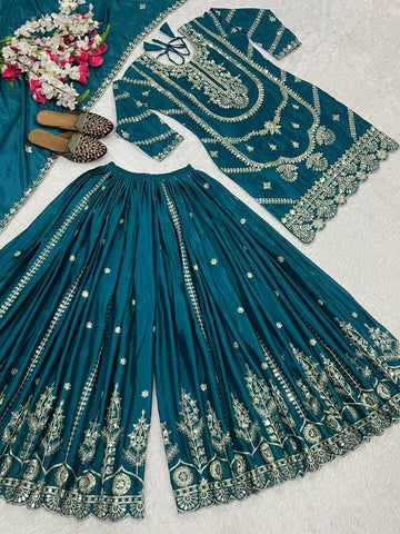 Heavy Embroidery Sequence Work Teal Green Sharara Suit
