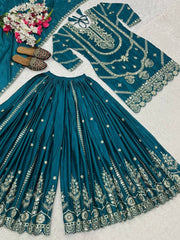 Heavy Embroidery Sequence Work Teal Green Sharara Suit