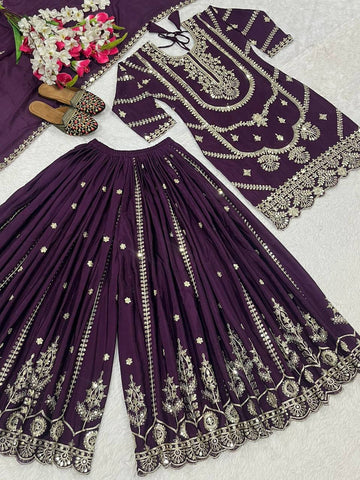 Heavy Embroidery Sequence Work Wine Sharara Suit