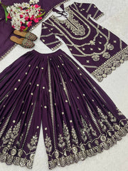 Heavy Embroidery Sequence Work Wine Sharara Suit