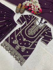Heavy Embroidery Sequence Work Wine Sharara Suit