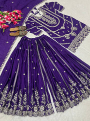 Heavy Embroidery Sequence Work Purple Sharara Suit