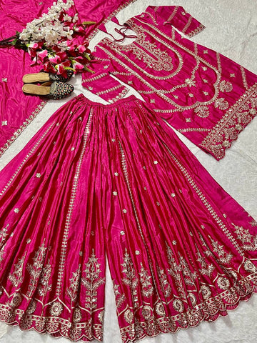 Heavy Embroidery Sequence Work Pink Sharara Suit