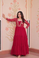 Zari Embroidered Work Rani Pink Color Long Gown