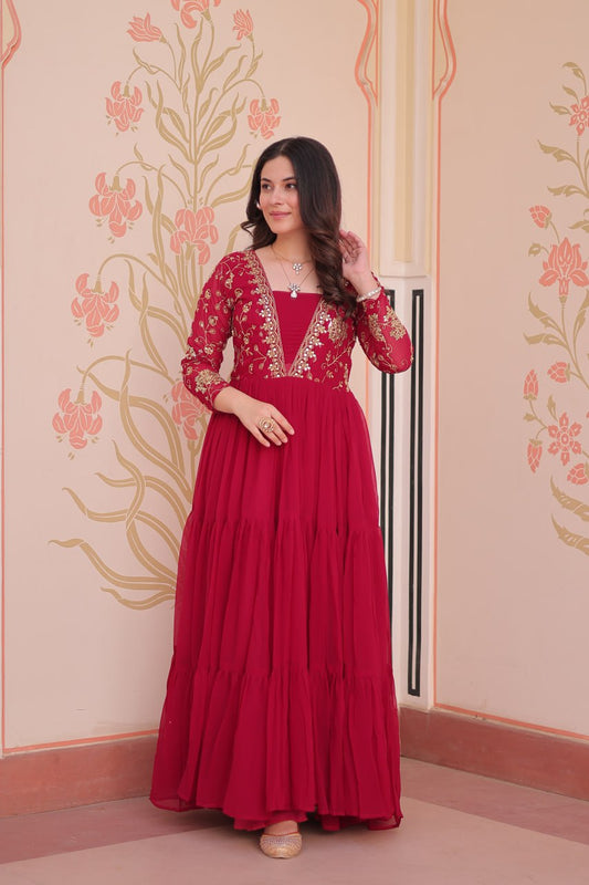 Zari Embroidered Work Rani Pink Color Long Gown
