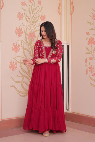 Zari Embroidered Work Rani Pink Color Long Gown