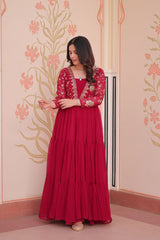 Zari Embroidered Work Rani Pink Color Long Gown