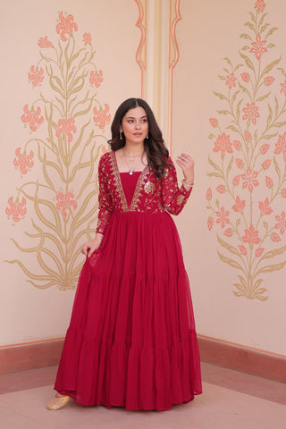 Zari Embroidered Work Rani Pink Color Long Gown