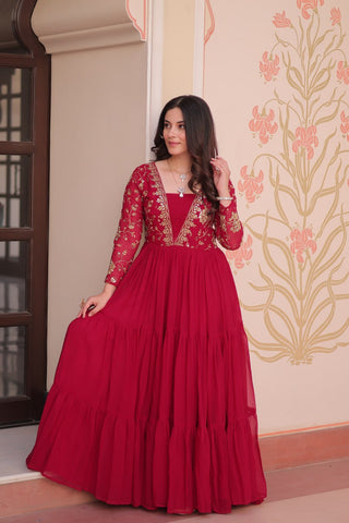 Zari Embroidered Work Rani Pink Color Long Gown