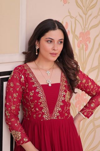 Zari Embroidered Work Rani Pink Color Long Gown